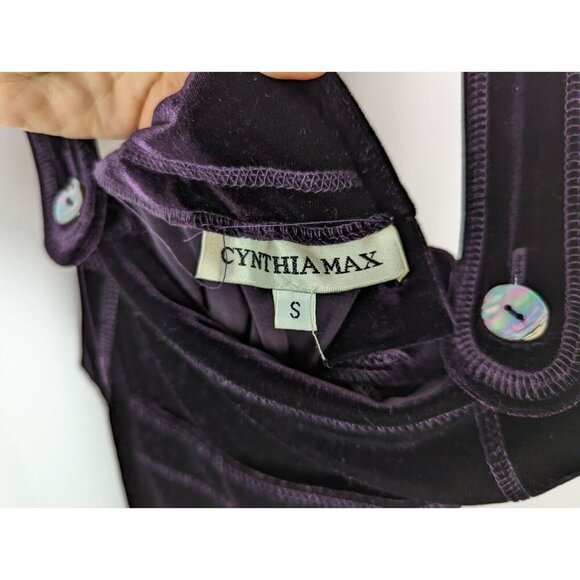 Vintage 90s Cynthia Max S Purple Velvet Overall Bib Dress Button Up Side Phoebe - Picture 10 of 12
